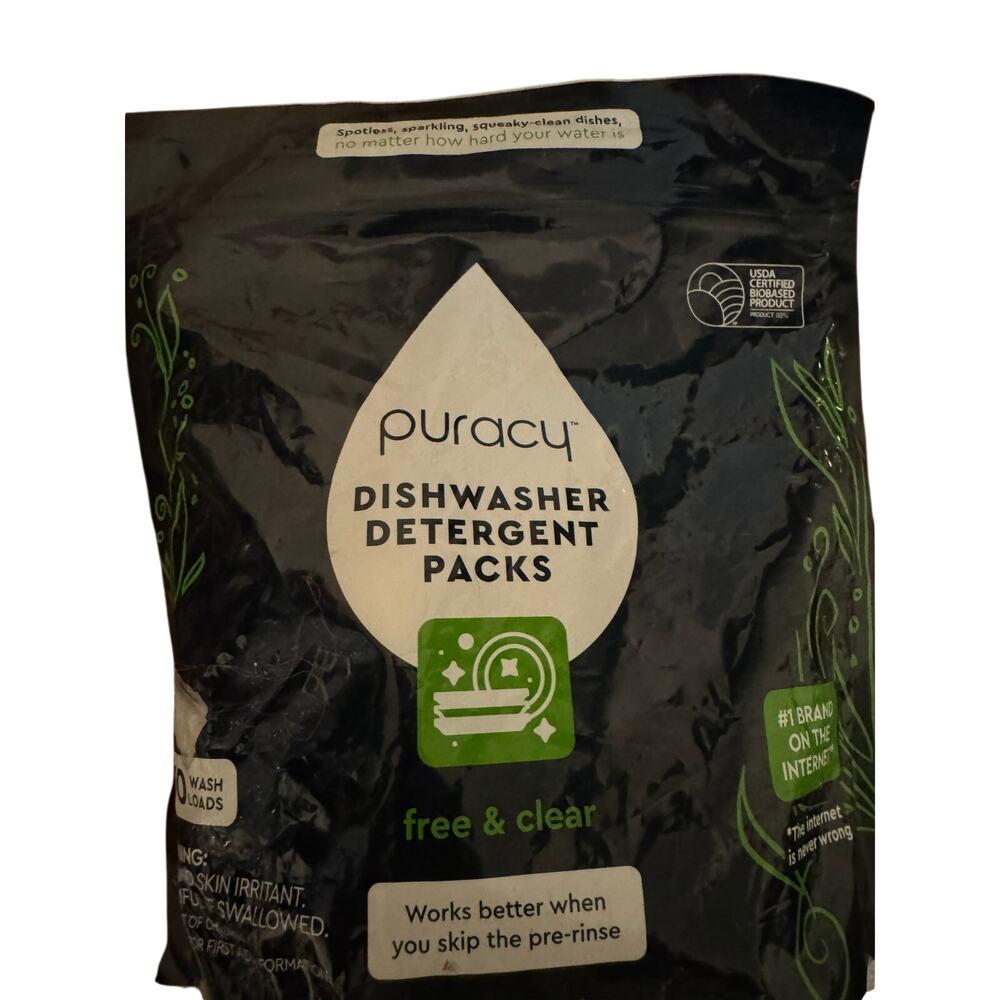 Puracy Natural Dishwasher Detergent Packs Free & Clear Dish Tabs-50 Ct NWB